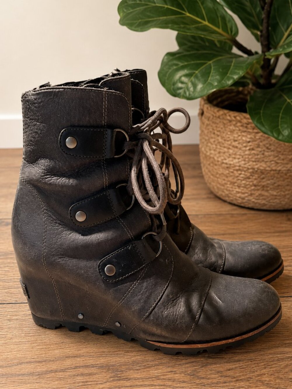 Sorel Brown Lace-Up Wedge Ankle Boots